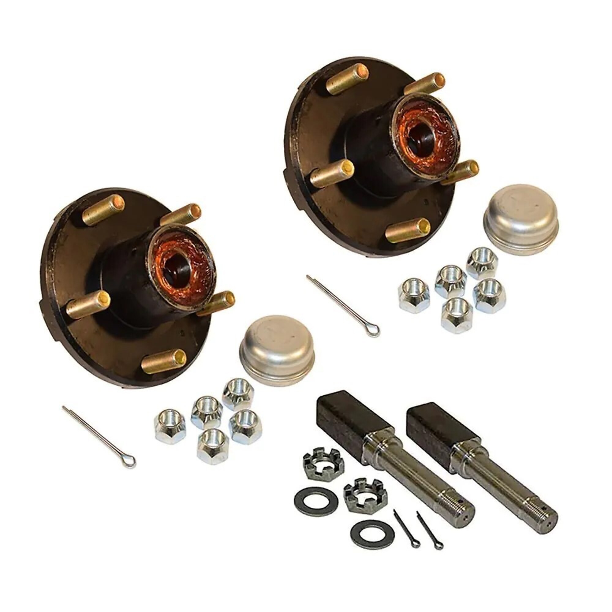Rigid Hitch, Pair of Pre-Greased 5-Lug Hub/Square Spindle End Units, Fits 1.5in Square Tube, Spindles for 1 Inch ID Bearings, 1250lb Capacity Per Hub, Model# AKSQ-2000545-PG